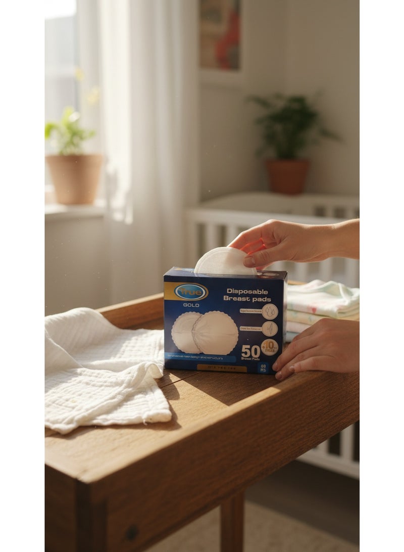 ترو وسائد رضاعة ترو جولد القابلة للتخلص | ٦٠ قطعة (٥٠ + ١٠ مجاناً) | فائقة الامتصاص | رقيقة ومضادة للتسرب | ناعمة ومريحة | مغلفة بشكل فردي - Image 3