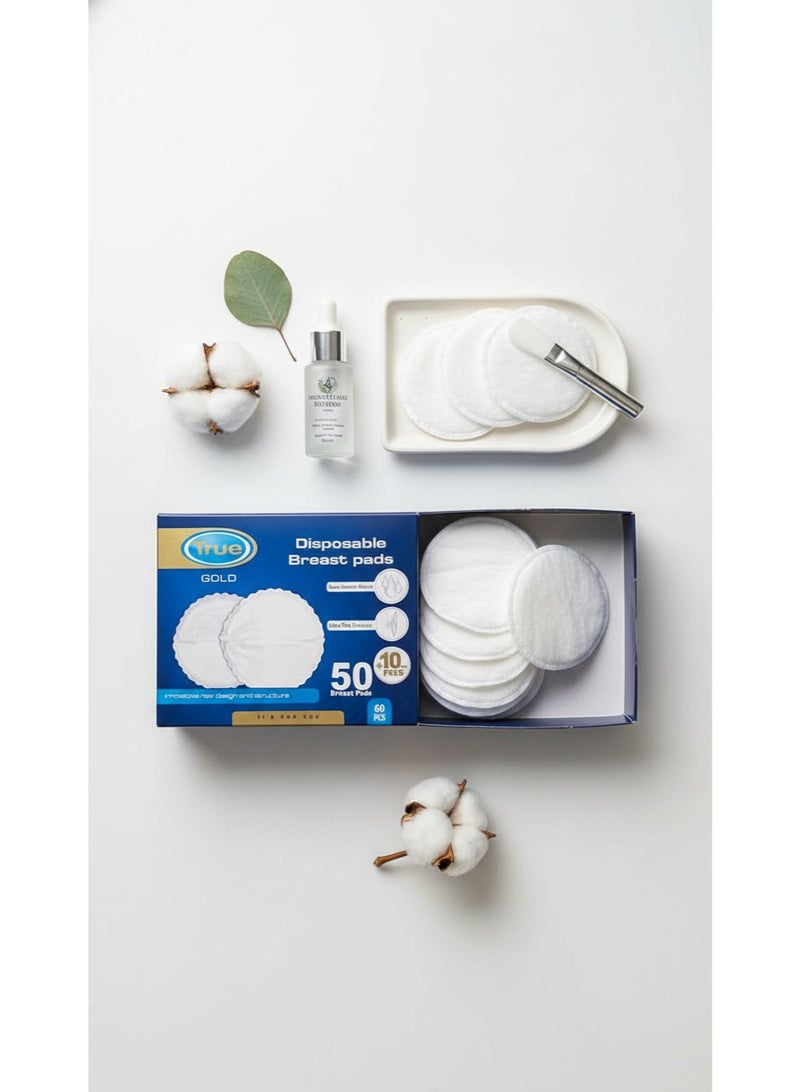 ترو وسائد رضاعة ترو جولد القابلة للتخلص | ٦٠ قطعة (٥٠ + ١٠ مجاناً) | فائقة الامتصاص | رقيقة ومضادة للتسرب | ناعمة ومريحة | مغلفة بشكل فردي - Image 4