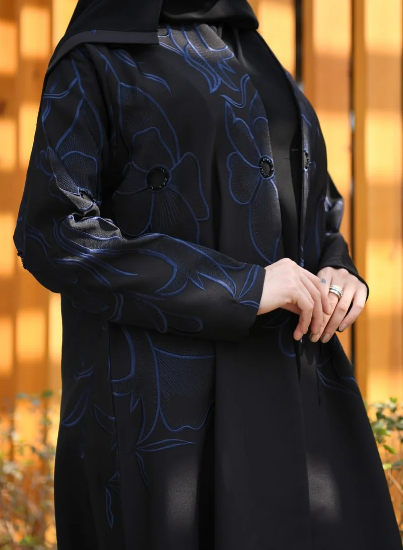 HAWRAA ABAYA Black quarter-cloche abaya with luxurious navy blue embroidery and simple beading on top of the abaya