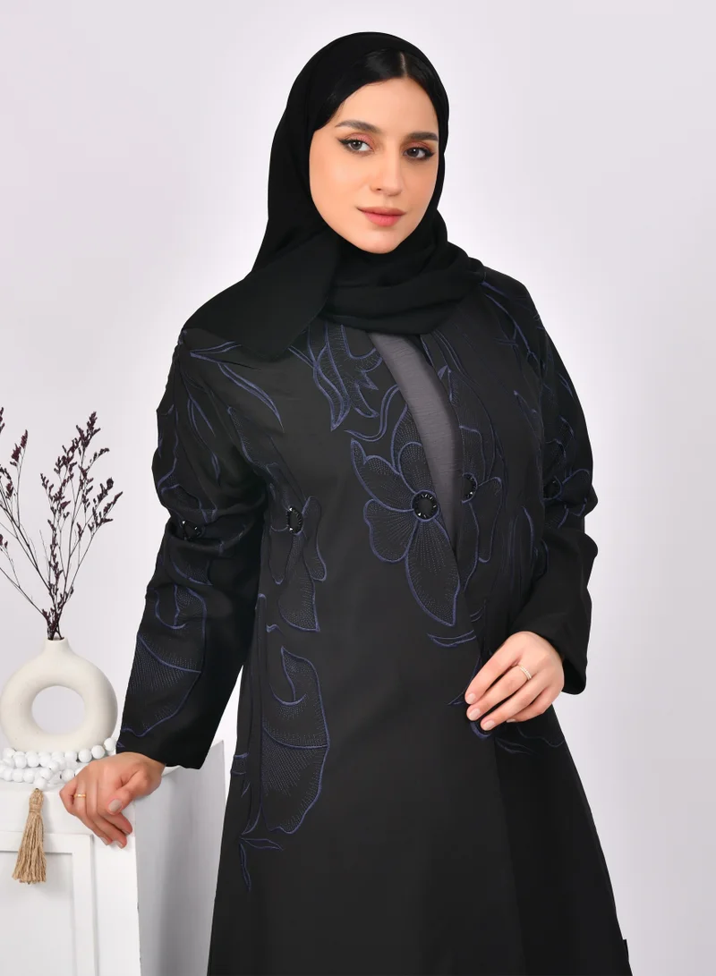 HAWRAA ABAYA Black quarter-cloche abaya with luxurious navy blue embroidery and simple beading on top of the abaya