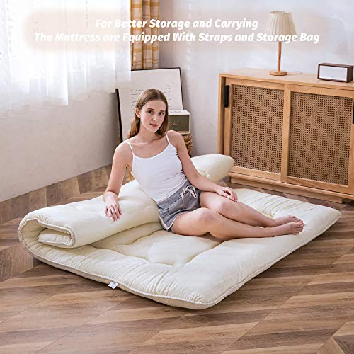 MAXYOYO Japanese Floor Futon Queen Size, Thicken Tatami Mat Sleeping Pad Foldable Roll Up Mattress Trifold Pad Guest Bed, Off White - Image 2