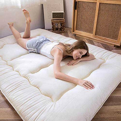 MAXYOYO Japanese Floor Futon Queen Size, Thicken Tatami Mat Sleeping Pad Foldable Roll Up Mattress Trifold Pad Guest Bed, Off White - Image 3