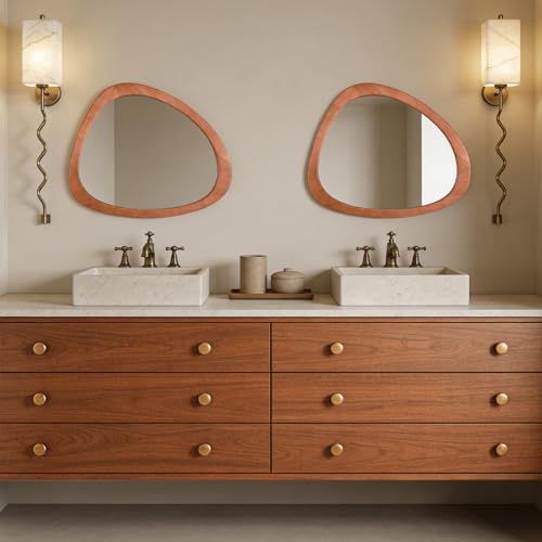 WallBeyond Asymmetrical Mirror, Irregular Wall Mirror for Bathroom, Bedroom, Living Room, Entryway, Hall - Walnut Wood Framed 23" H x 19" W - Image 3