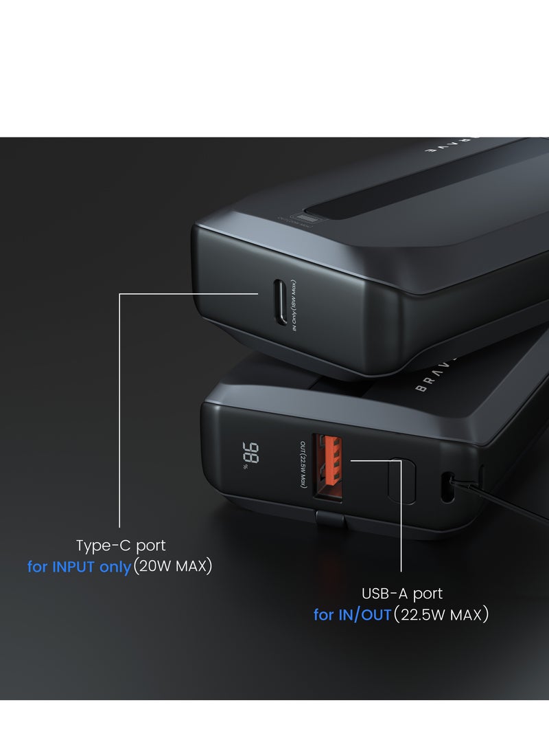 Brave - 10,000mAh Power Bank, 22.5W Fast Charging, Built-in Type-C Cable, Built-in Lightning Cable, PD Charger, QC 3.0, Portable Charger, Slim Power Bank, iPhone Power Bank, Android Power Bank, Portable Charger, Fast Charger, External Battery, USB-C Charger, Travel Charger - Image 1