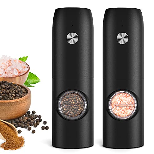 FRTONYI Electric Salt and Pepper Grinder Set, Rechargeable Automatic Pepper Mill Grinder with LED Light, Adjustable Coarseness shakers, One-Hand Operation for Kitchen(2 Pack,Black+Black) - Image 1