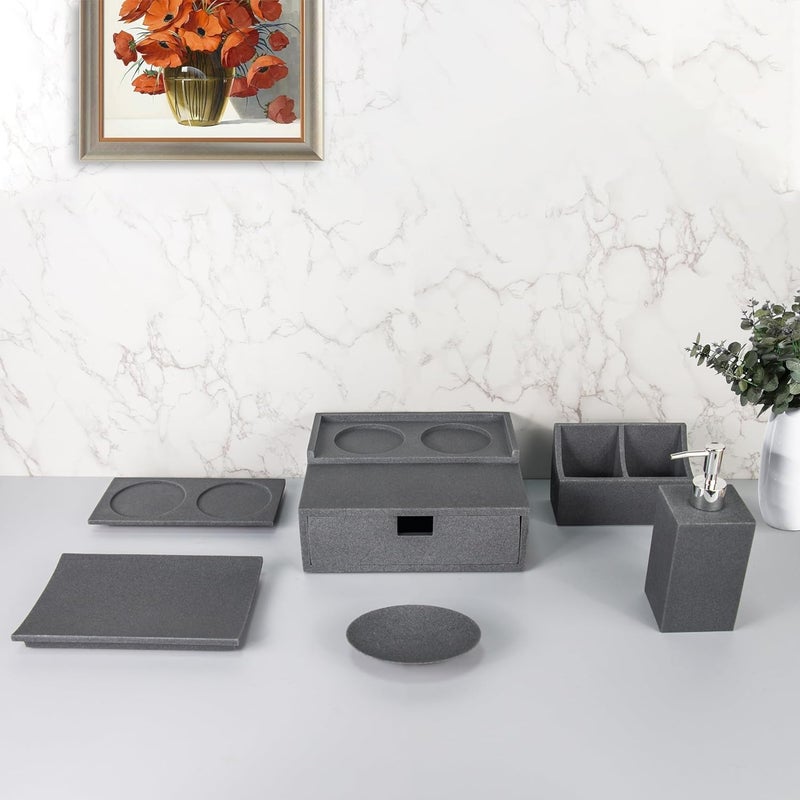 Kuber Industries Kuber Industries Premium 6 Pc Poly Resin Bathroom Accessories Set - 420 ml Square Soap Dispenser,Towel Tray,Coaster,Remote Control Stand & Amenity Box | Moisture-Resistant, Scratch-Proof | Grey  - Image 1