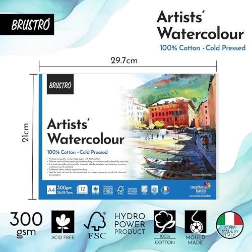 BRUSTRO Artist 100% Cotton Watercolour Paper Pad Cold Pressed 300 GSM A4-12 Sheets | Ideal for Professional Drawing, Painting, Dry & Wet, Fine Art Students - Image 3