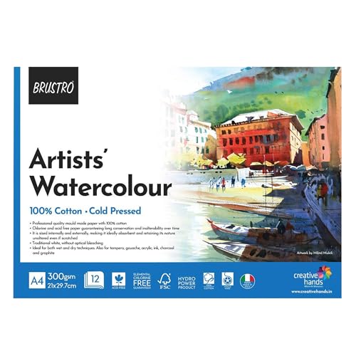 BRUSTRO Artist 100% Cotton Watercolour Paper Pad Cold Pressed 300 GSM A4-12 Sheets | Ideal for Professional Drawing, Painting, Dry & Wet, Fine Art Students - Image 1