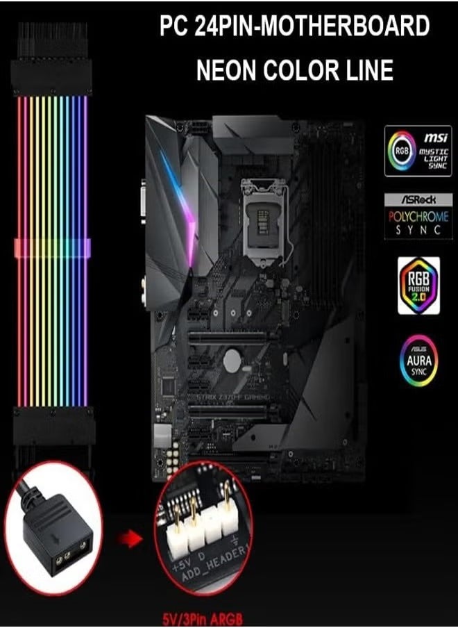 شو وو مجموعة من 2 كابلات تمديد طاقة ARGB Neon ATX 24 Pin كابل تمديد PSU للوحة الأم وكابل تمديد وحدة معالجة الرسومات 8 Pin المزدوج  - Image 2