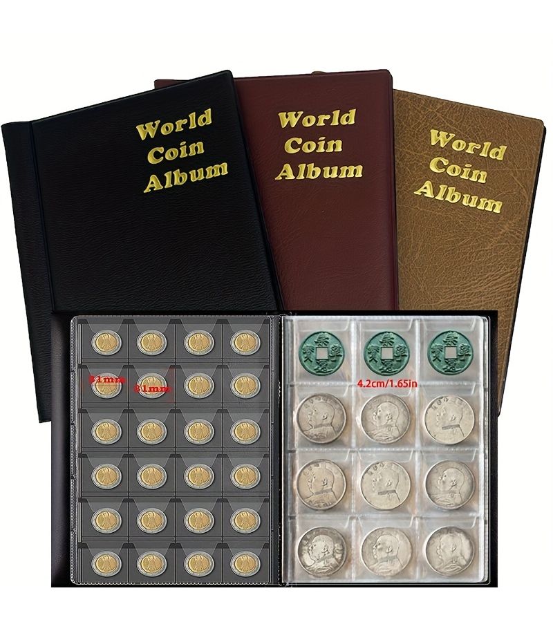 Large Brown Coin Stamp Album 180 Slots Capacity Golden Emboss - Image 1