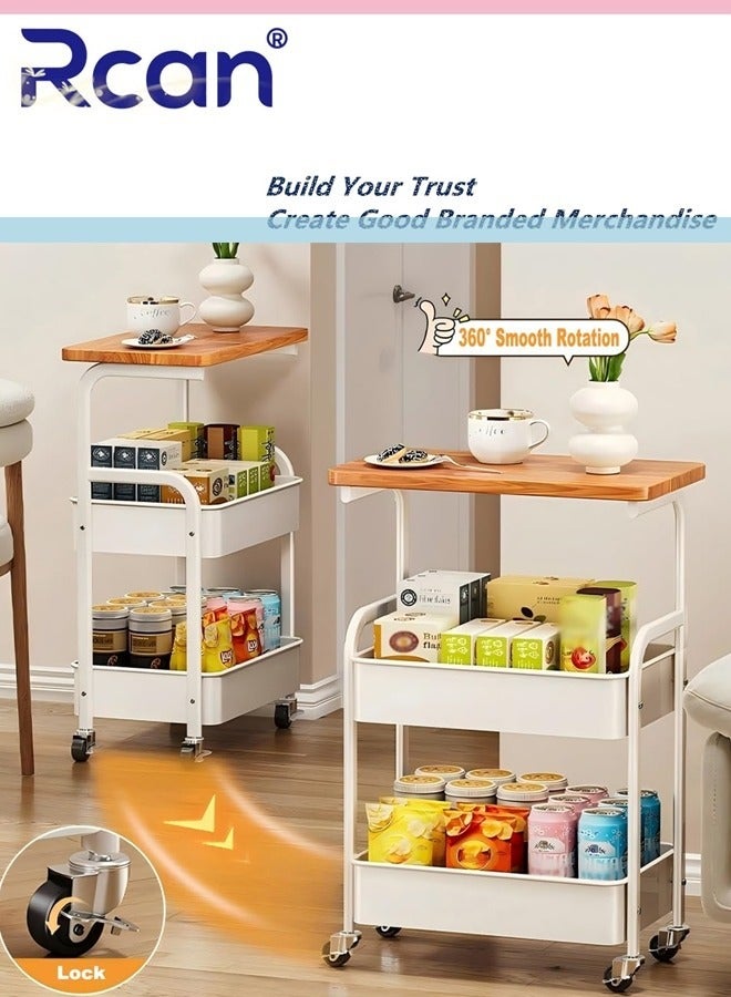Rcan Utility Cart with Wooden Table Top, 3-Tier Metal Rolling Storage Cart, Black Trolley Kitchen Organizer Rolling Desk with Locking Wheels for Office, Classroom, Home, Bathroom - Image 4