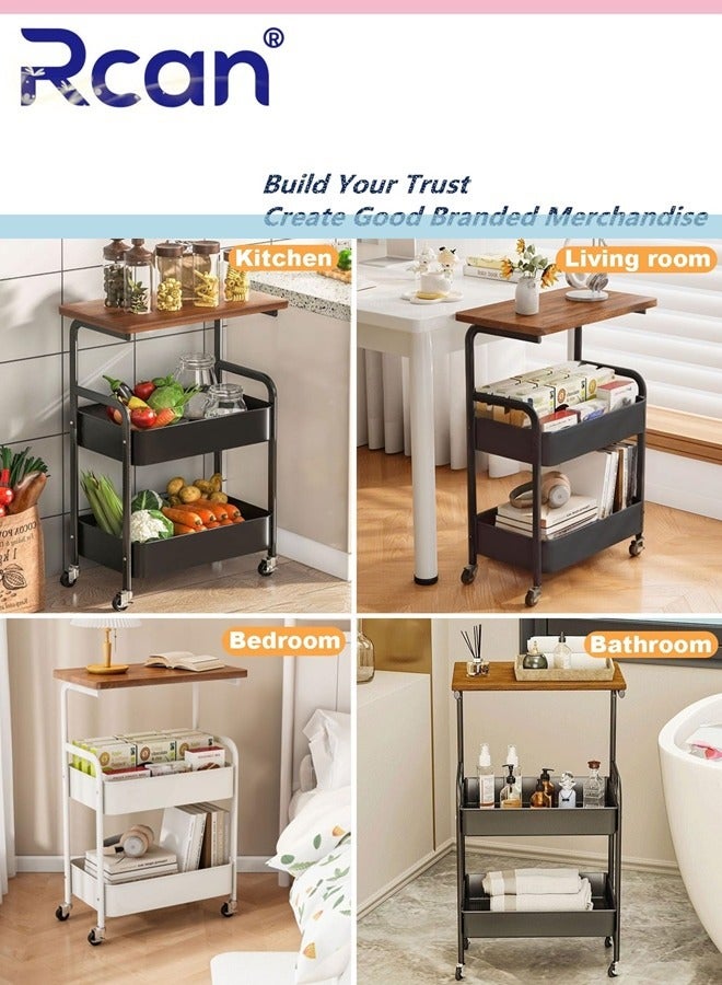Rcan Utility Cart with Wooden Table Top, 3-Tier Metal Rolling Storage Cart, Black Trolley Kitchen Organizer Rolling Desk with Locking Wheels for Office, Classroom, Home, Bathroom - Image 5