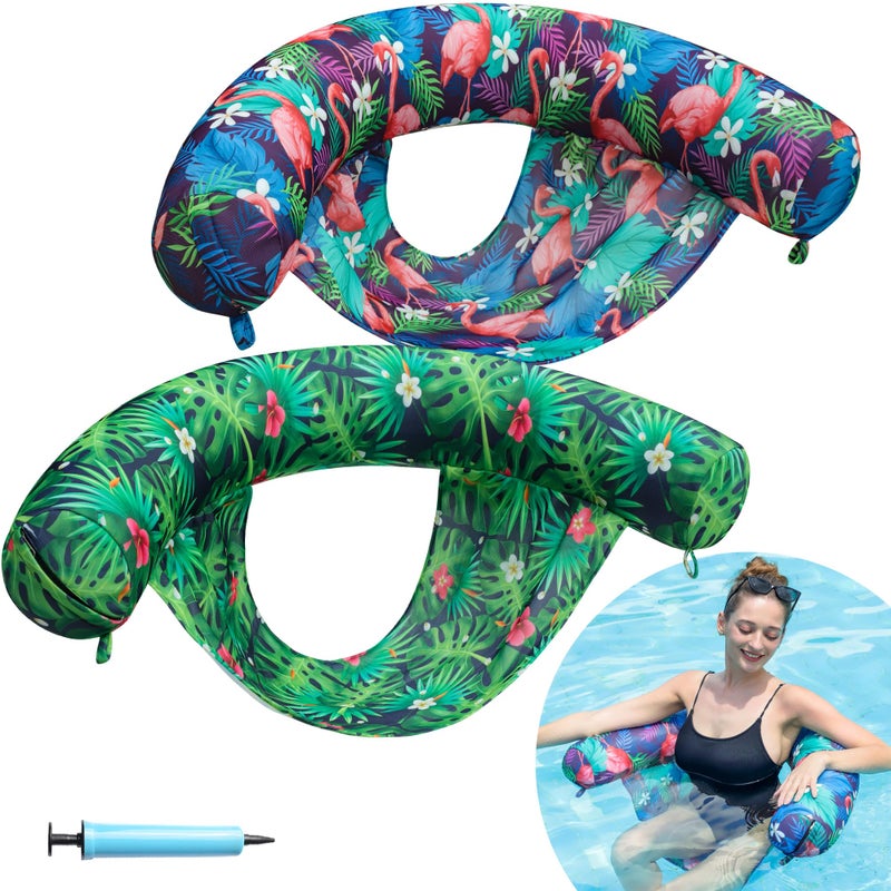 FindUWill Inflatable Pool Floats Chair 2 Pack Water Floating Pool Chair Adult Soft Fabric Covered Pool Lounger Float with Sling Pool Noodles for Adult Flamingo Green - Image 2