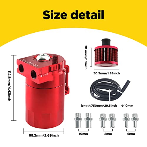 AOCISKA Aluminum Oil Catch Can,Baffled Oil Catch Can Kit,300ml Oil Reservoir Tank,Oil Separator Catch Can with Hose Kit,Universal Oil Catch Can Tank Polish Baffled Reservoir (Red) - Image 3