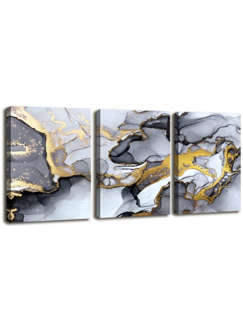 Today Idea Today Idea Modern Gold Fluid Ink | Black and White Grey Canvas Print | Framed Set of 3-Piece | Ideal for Living Room, Bedroom, Kitchen, or Office Décor (Abstract Watercolor, 20x28 inch) - Image 1