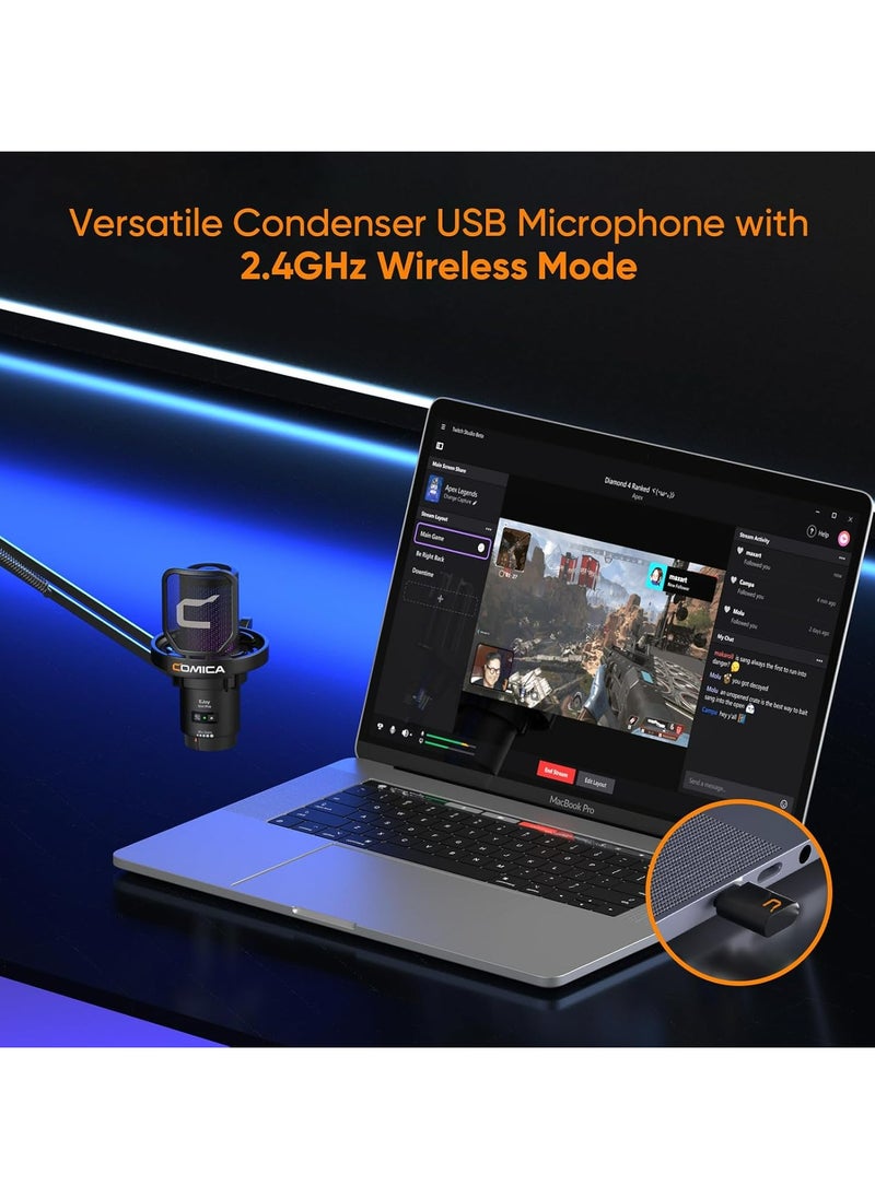 COMICA - Comica EJoy Uni Pro Wireless USB Condenser Gaming for PC, PS4, PS5, USB C Phone and Mac, Boom Arm RGB Computer Mic for Twitch, Streaming, Podcasting, Noise Cancellation Mic with Mute, Gain, Monitoring - Image 1