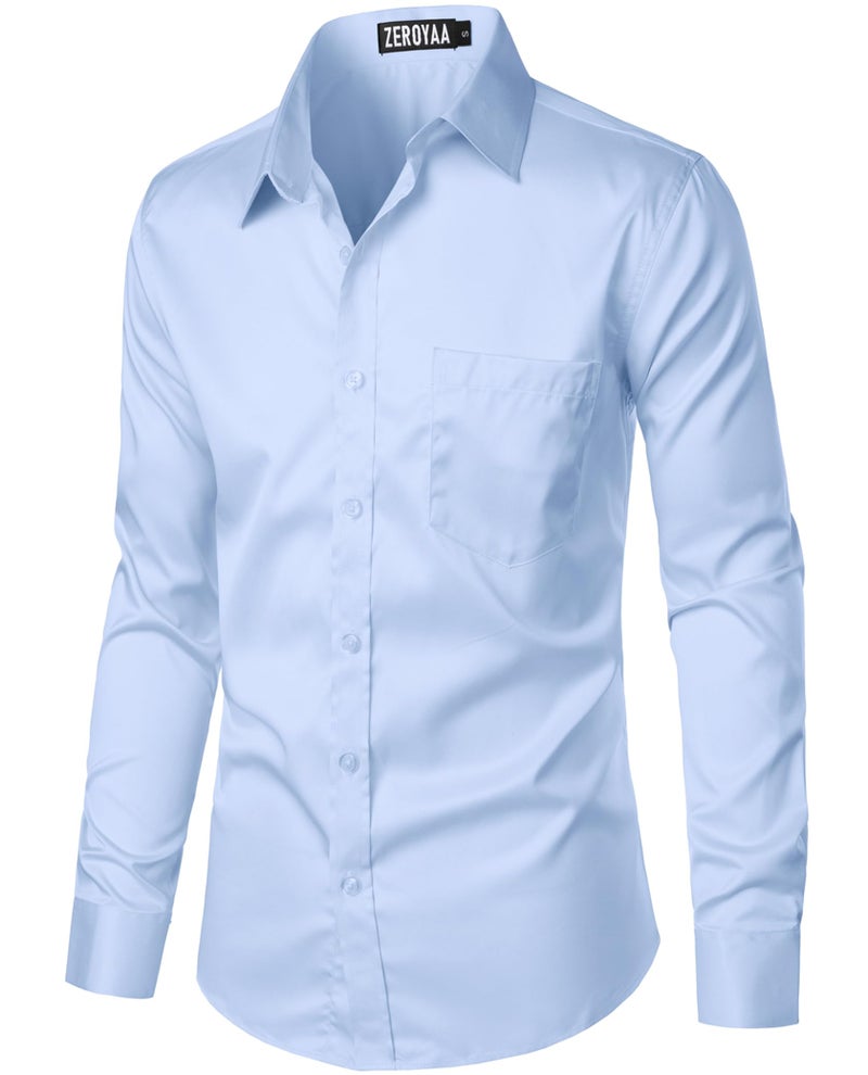 ZEROYAA Men's Urban Stylish Casual Business Slim Fit Long Sleeve Button Up Dress Shirt with Pocket ZLCL29 Sky Blue Large - Image 2