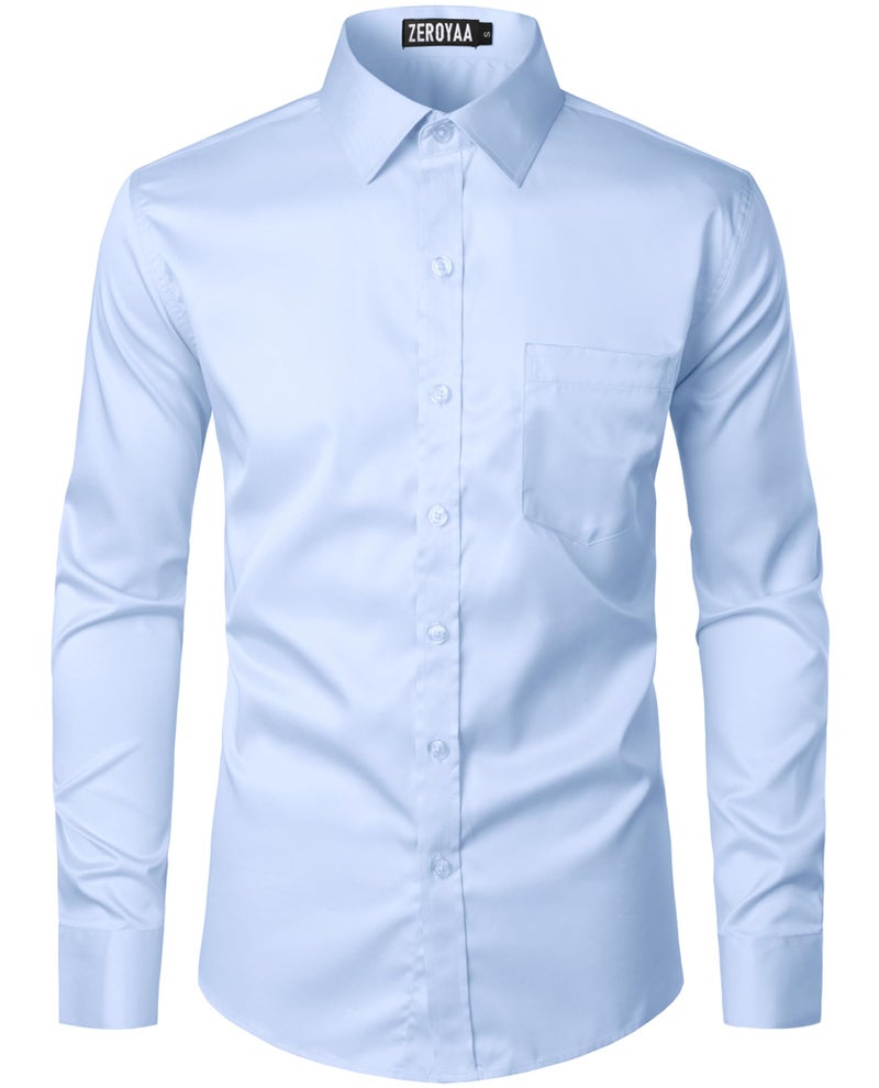 ZEROYAA Men's Urban Stylish Casual Business Slim Fit Long Sleeve Button Up Dress Shirt with Pocket ZLCL29 Sky Blue Large - Image 4