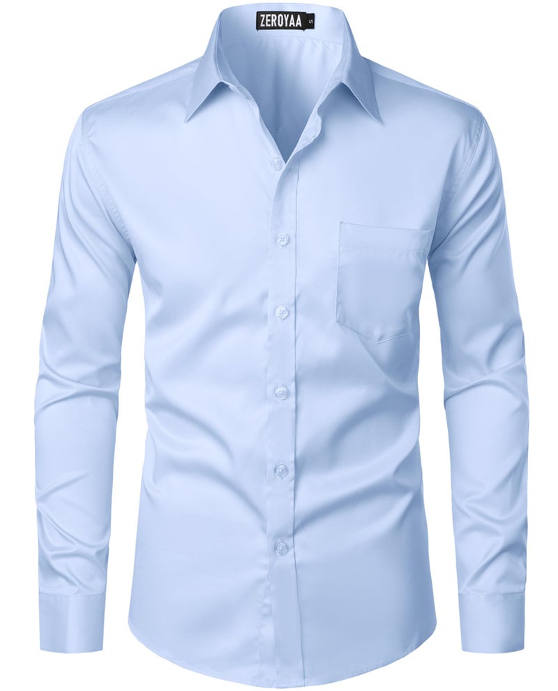 ZEROYAA Men's Urban Stylish Casual Business Slim Fit Long Sleeve Button Up Dress Shirt with Pocket ZLCL29 Sky Blue Large - Image 1