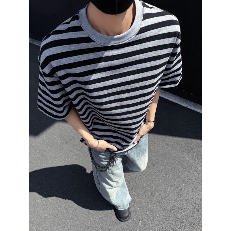 American Retro Striped T-Shirt For Men, Summer Trendy Brand Cleanfit, Stylish Round Neck Short Sleeve Trendy Brand Half Sleeve - Image 2