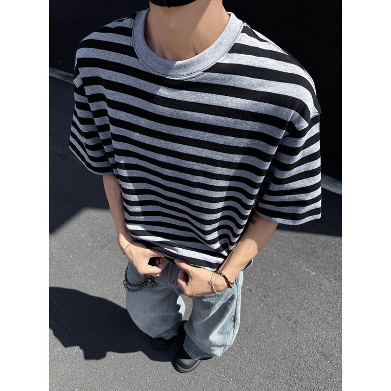 American Retro Striped T-Shirt For Men, Summer Trendy Brand Cleanfit, Stylish Round Neck Short Sleeve Trendy Brand Half Sleeve - Image 4