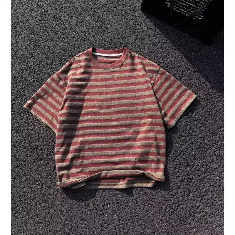 American Retro Striped T-Shirt For Men, Summer Trendy Brand Cleanfit, Stylish Round Neck Short Sleeve Trendy Brand Half Sleeve - Image 5
