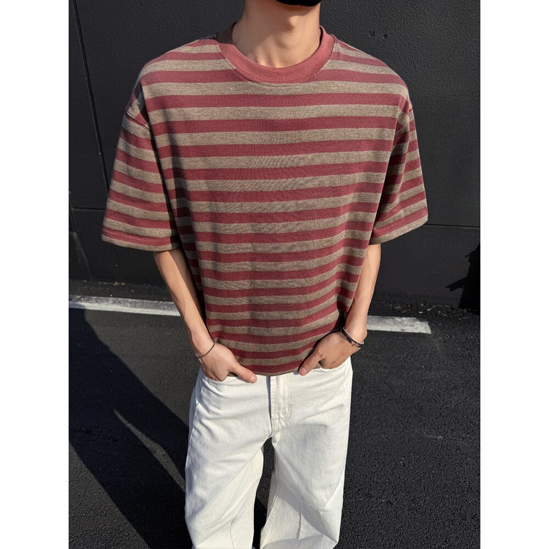 American Retro Striped T-Shirt For Men, Summer Trendy Brand Cleanfit, Stylish Round Neck Short Sleeve Trendy Brand Half Sleeve - Image 3