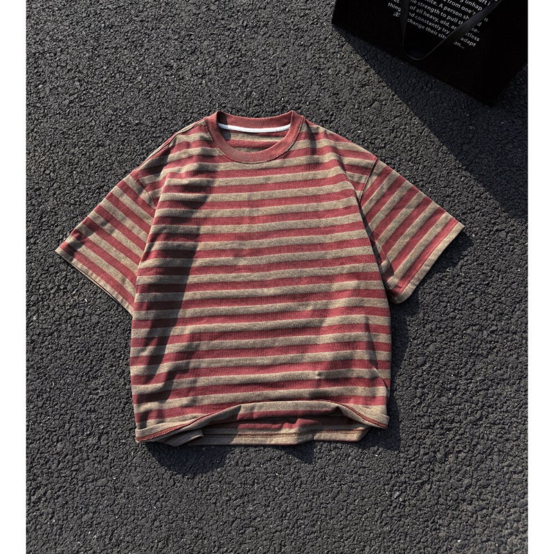 American Retro Striped T-Shirt For Men, Summer Trendy Brand Cleanfit, Stylish Round Neck Short Sleeve Trendy Brand Half Sleeve - Image 1