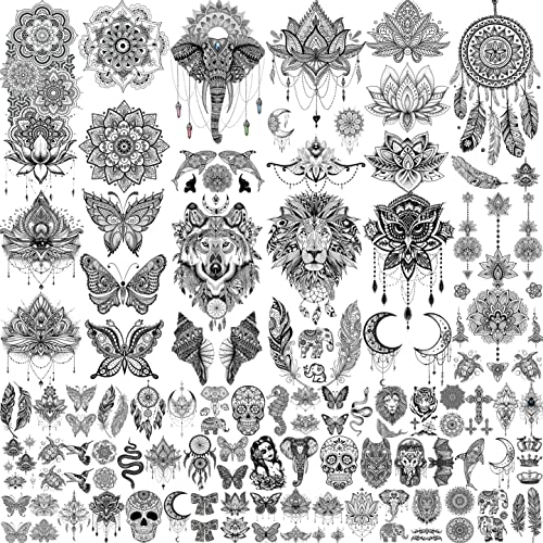 VANTATY 64 Sheets Tribal Vintage Black Lotus Temporary Tattoos for Women Girls, Bohemia Mandala Flower Fake Sleeve Tattoos for Adults Owl Moon - Image 1