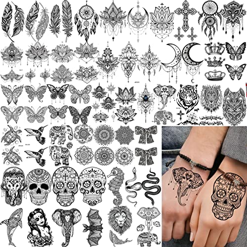 VANTATY 64 Sheets Tribal Vintage Black Lotus Temporary Tattoos for Women Girls, Bohemia Mandala Flower Fake Sleeve Tattoos for Adults Owl Moon - Image 5