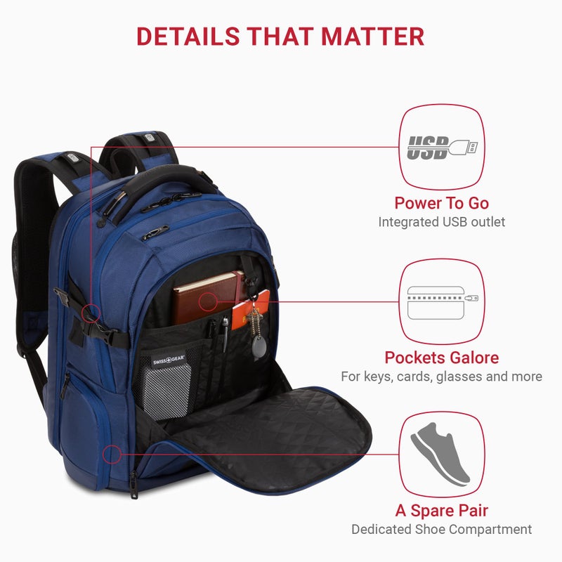 SwissGear Travel Tech Elite Laptop Backpack â€“ Fits Laptops up to 16â€ â€“ ScanSmart TSA-Friendly Backpack with USB Port, Shoe Compartment & Organizer Pockets â€“ Navy Ballistic - Image 3