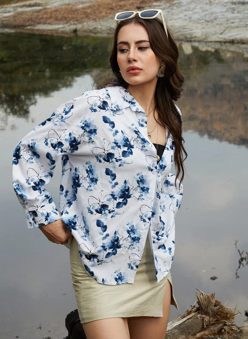 Campus Sutra Women's Navy Blue Botanical Strokes Oversized Shirt