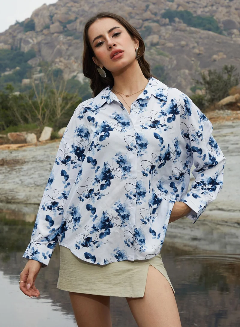Campus Sutra Women's Navy Blue Botanical Strokes Oversized Shirt