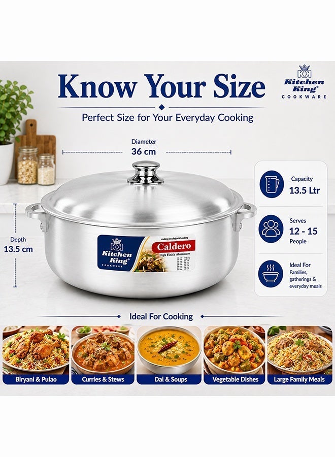 Kitchen King Caldero Aluminium Cooking Pot with Lid 36 cm (13.5 Ltr), Heavy-Duty Wide Base, Shallow Casserole for Biryani, Rice, Curry & Stews, Even Heat Distribution, Dishwasher Safe, Silver - Image 3