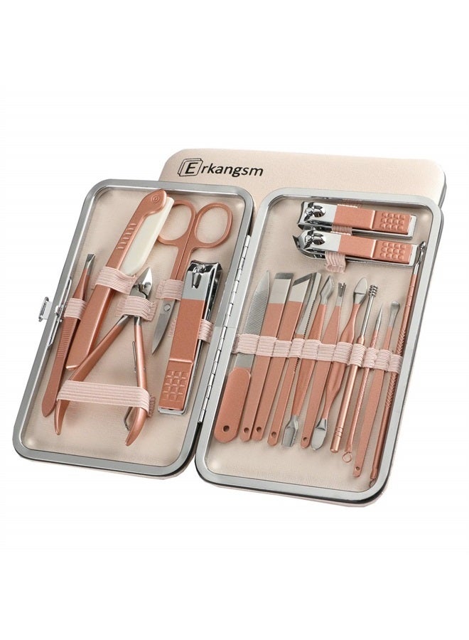 Erkangsm Professional Manicure Pedicure Stainless Set - Erkangsm 18 in 1 Manicure Pedicure Grooming Kit,Nail Clippers,Toenails Scissors,Ear Pick,Nail Tools with PU Leather Travel Case (Pink) - Image 1