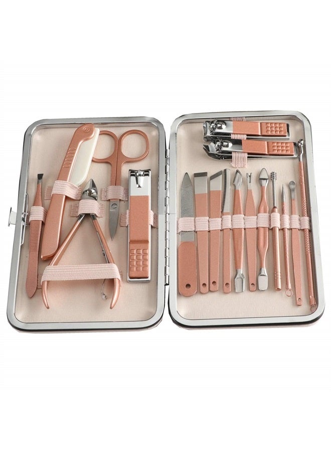 Erkangsm Professional Manicure Pedicure Stainless Set - Erkangsm 18 in 1 Manicure Pedicure Grooming Kit,Nail Clippers,Toenails Scissors,Ear Pick,Nail Tools with PU Leather Travel Case (Pink) - Image 2
