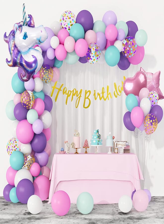 Ouddy 108Pcs Unicorn Balloons Garland Arch Kit, 40'' Large Unicorn Purple Pink Aqua Blue Confetti Balloons Happy Birthday Banner Unicorn Birthday Decorations for Girls Baby Shower Party Supplies