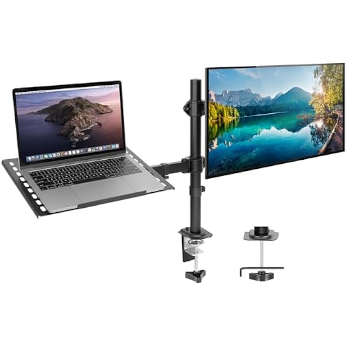 rayihni LAPTOP DESK MOUNT WITH MONITOR ARM, DUAL LAPTOP AND MONITOR STAND, FULLY ADJUSTABLE, VESA COMPATIBLE, VENTILATED TRAY, FITS 13-32" SCREENS AND LAPTOPS UP TO 17", CLAMP & GROMMET BASE - Image 1