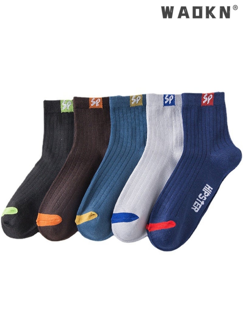 دبليو أيه أو كي أن 5 أزواج من الجوارب القطنية المخططة للرجال حتى منتصف الساق، ملابس عمل رسمية بخمسة ألوان، تمتص الرطوبة، مناسبة لجميع المواسم، مثالية لأنماط الحياة النشطة، ملابس الجري اليومية، جوارب رائعة - Image 4