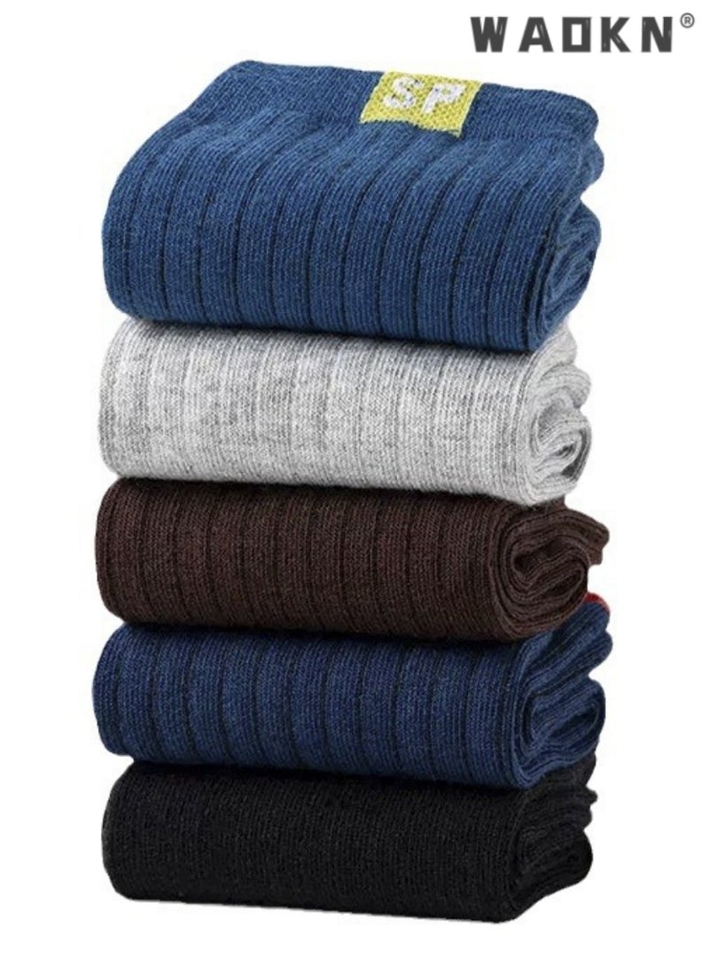 دبليو أيه أو كي أن 5 أزواج من الجوارب القطنية المخططة للرجال حتى منتصف الساق، ملابس عمل رسمية بخمسة ألوان، تمتص الرطوبة، مناسبة لجميع المواسم، مثالية لأنماط الحياة النشطة، ملابس الجري اليومية، جوارب رائعة - Image 5