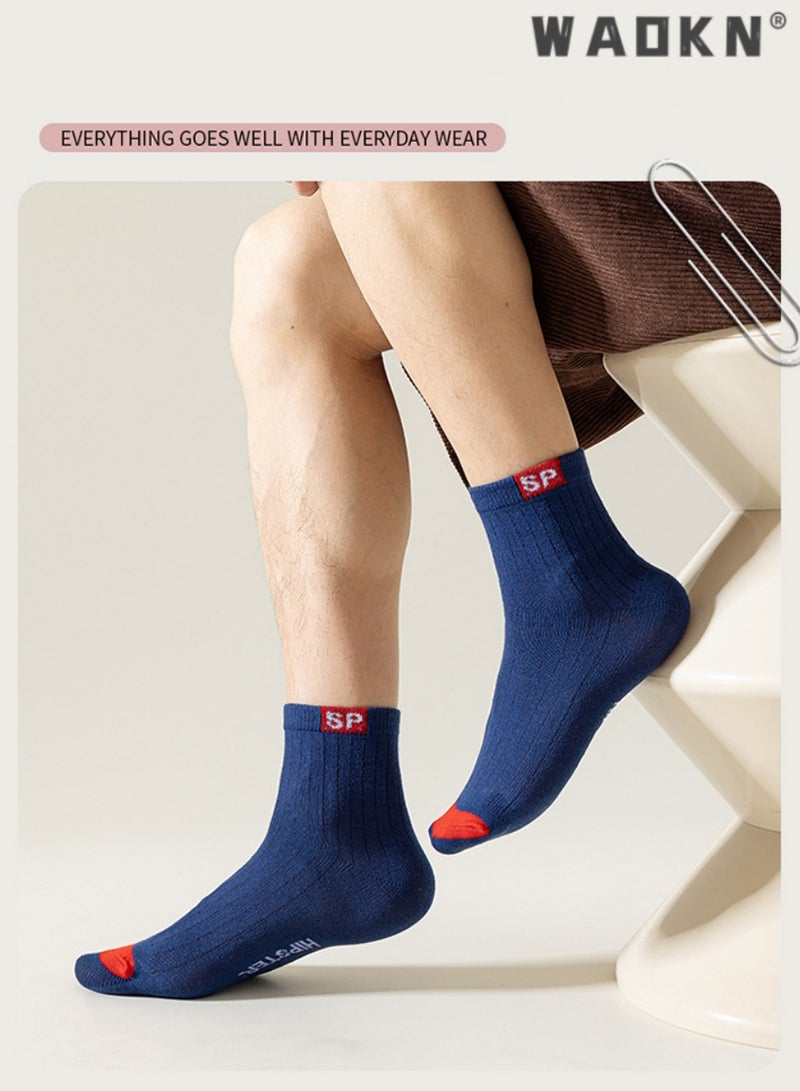 دبليو أيه أو كي أن 5 أزواج من الجوارب القطنية المخططة للرجال حتى منتصف الساق، ملابس عمل رسمية بخمسة ألوان، تمتص الرطوبة، مناسبة لجميع المواسم، مثالية لأنماط الحياة النشطة، ملابس الجري اليومية، جوارب رائعة - Image 3