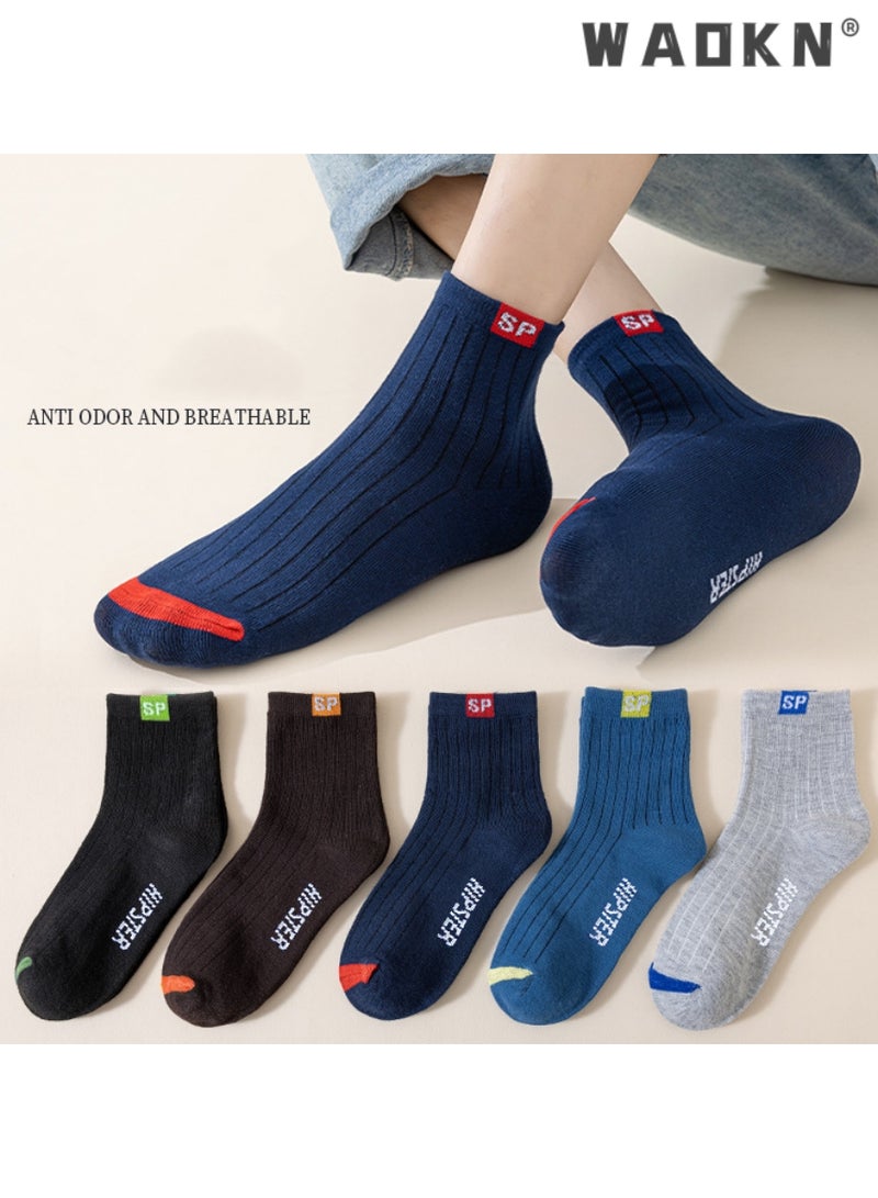 دبليو أيه أو كي أن 5 أزواج من الجوارب القطنية المخططة للرجال حتى منتصف الساق، ملابس عمل رسمية بخمسة ألوان، تمتص الرطوبة، مناسبة لجميع المواسم، مثالية لأنماط الحياة النشطة، ملابس الجري اليومية، جوارب رائعة - Image 1