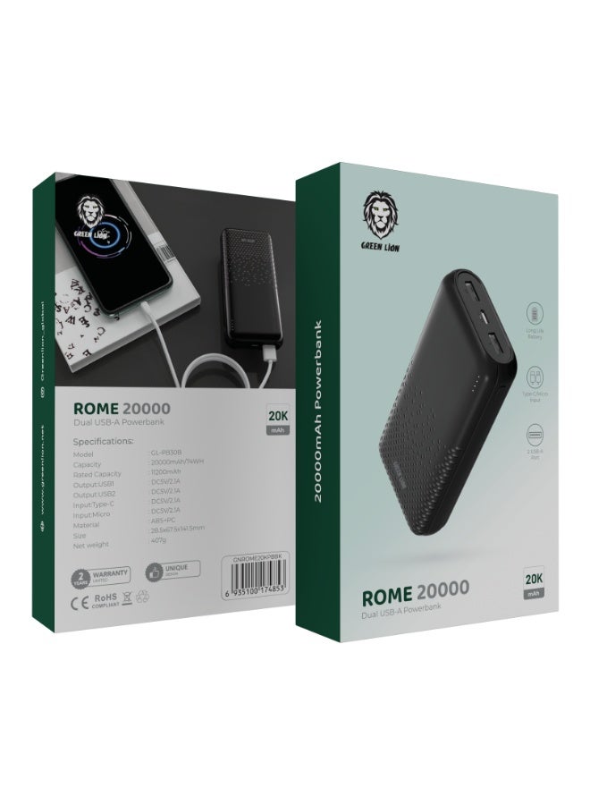 جرين ليون باور بانك روما 20000 مللي أمبير في الساعة بمنفذ USB-A مزدوج / مدخل Type-C وMicro / بطارية طويلة العمر / حماية الشحن / مادة ABS+PC - أسود - Image 4