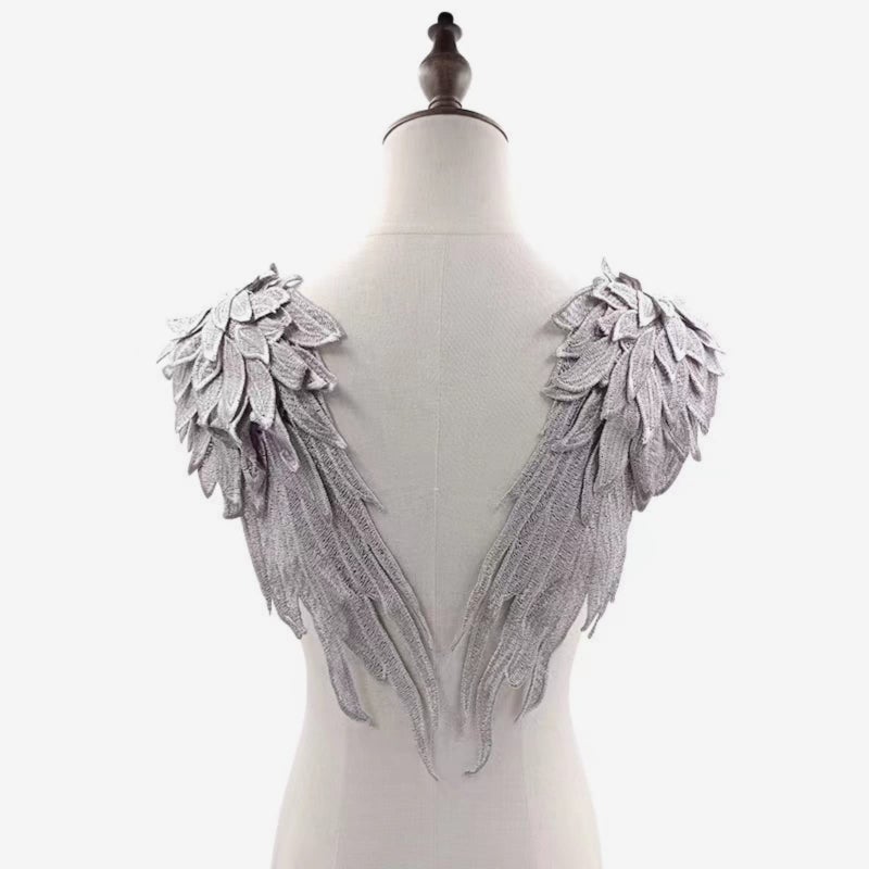 JRYYR Angel Wing Applique, Embroidered Wings, Silver Appliques for Dresses,Shoulder Applique 1 Pair (Silver Gray) - Image 1