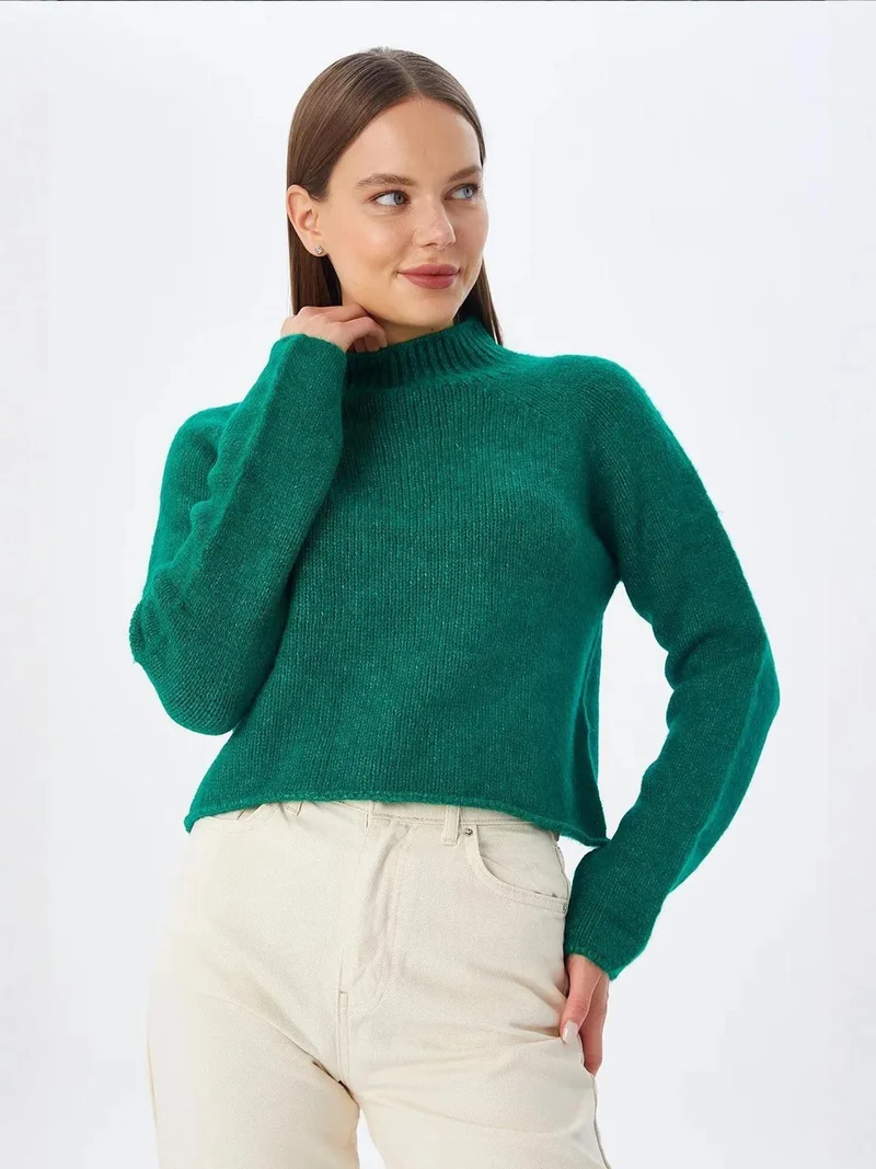 Mixray Green MIXRAY Women's Cropped Textured Knit Sweater for Women | Best Price UAE