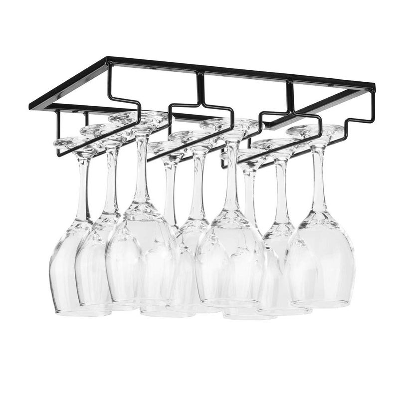 FOMANSH Wine Glass Rack Under Cabinet Stemware Wine Glass Holder Glasses Storage Hanger Metal Organizer for Bar Kitchen Black