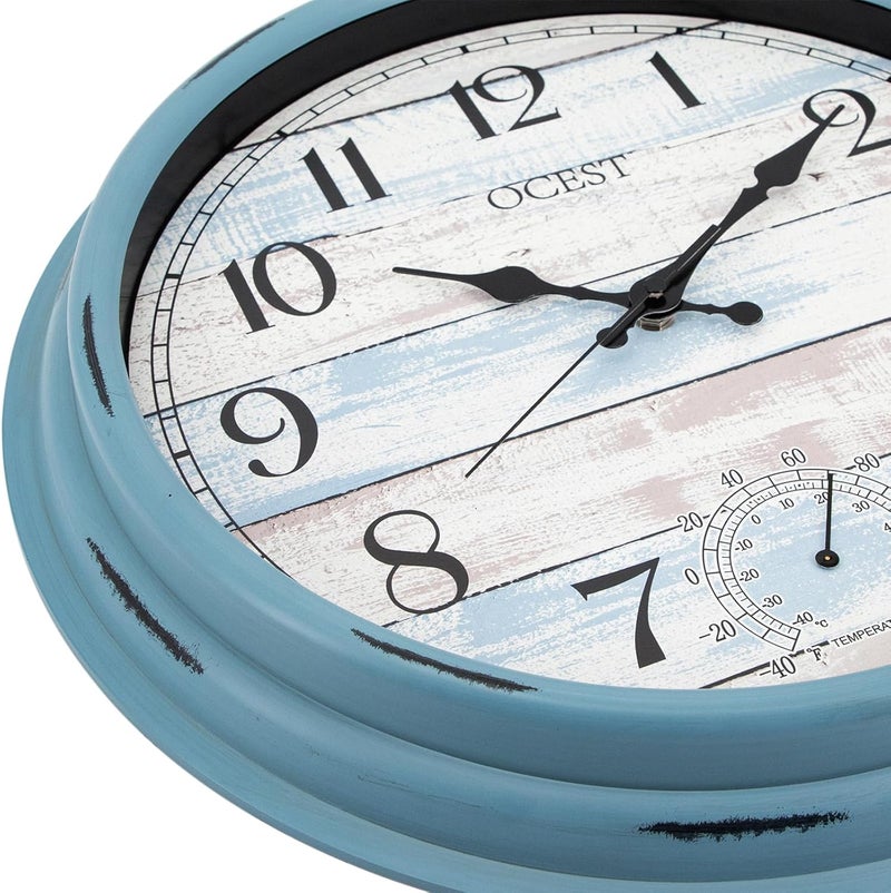 OCEST 16 Inch Indoor Outdoor Clock, Waterproof Large Wall Clock with Thermometer, Silent Non-Ticking Battery Operated Decor for Patio Pool Porch Garden Garage（Blue） - Image 3