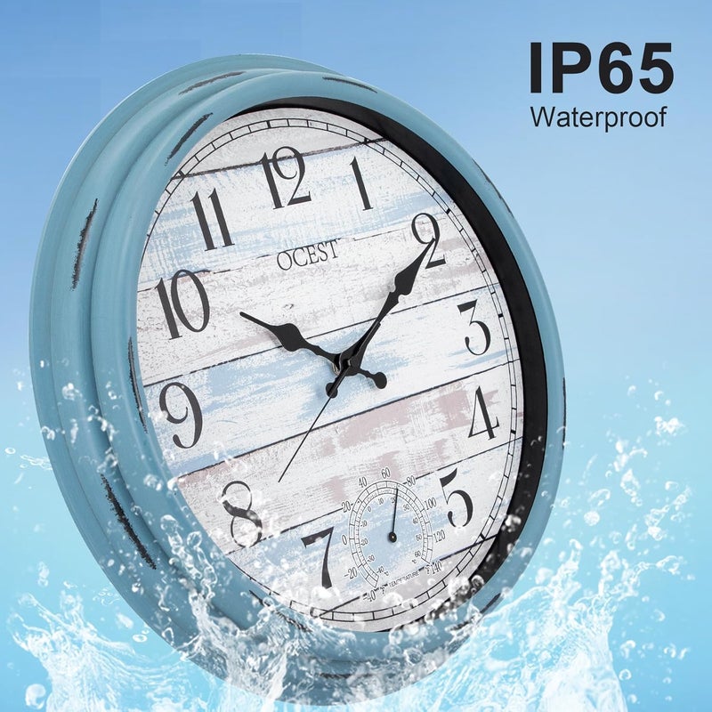 OCEST 16 Inch Indoor Outdoor Clock, Waterproof Large Wall Clock with Thermometer, Silent Non-Ticking Battery Operated Decor for Patio Pool Porch Garden Garage（Blue） - Image 2