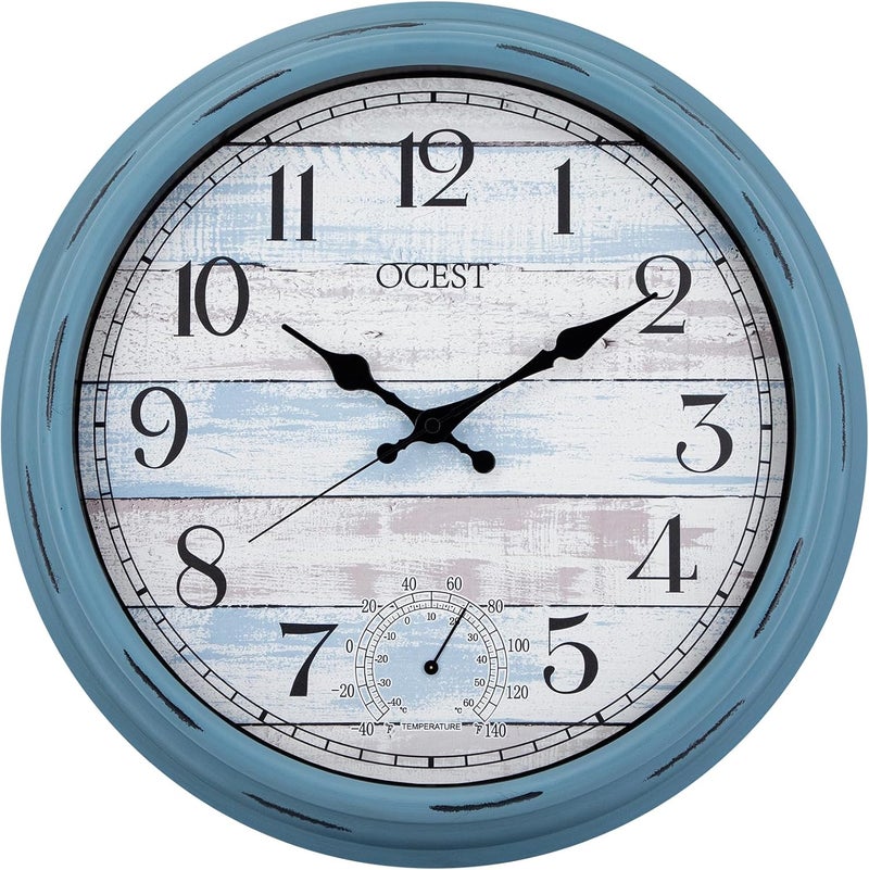 OCEST 16 Inch Indoor Outdoor Clock, Waterproof Large Wall Clock with Thermometer, Silent Non-Ticking Battery Operated Decor for Patio Pool Porch Garden Garage（Blue） - Image 1