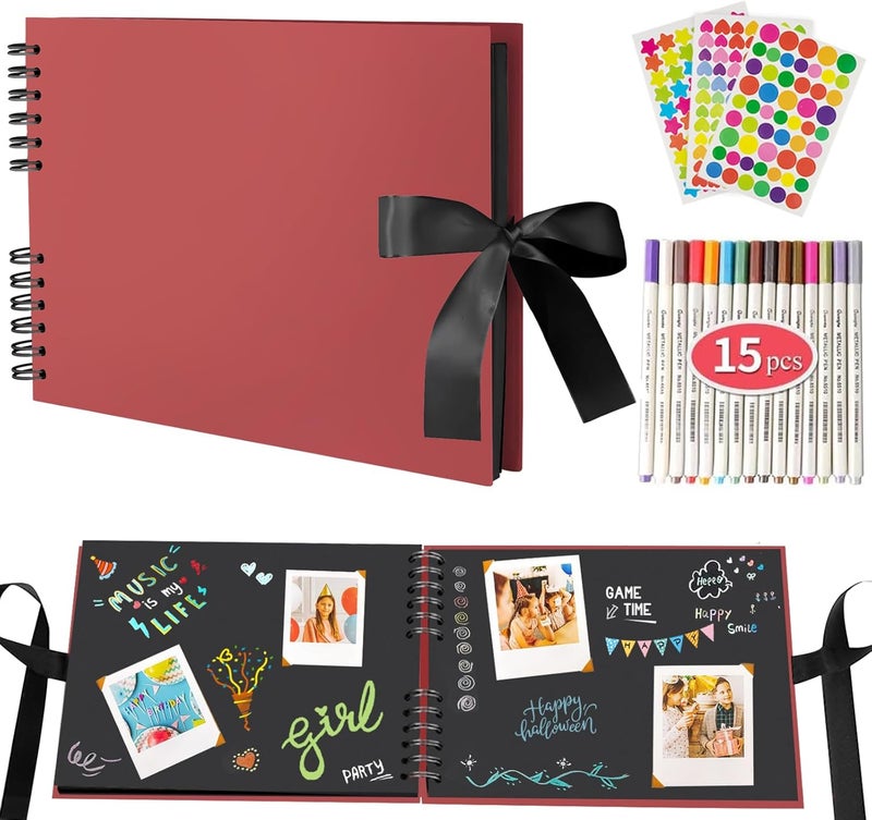 EVNEED 11.5 x 8.5 Inch Scrapbook Photo Album,Wedding Guest Book Anniversary Memory Scrapbooking,Wedding Photo Album with DIY Accessories Kit for Craft Paper DIY,80 Pages (40 Sheets),Red - Image 1